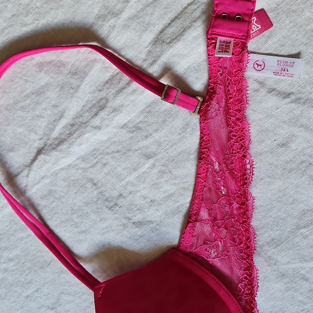 Pink Victoria's Secret Pink Lace Women's Bra 34A Push Up Plunge - Picture 10 of 14